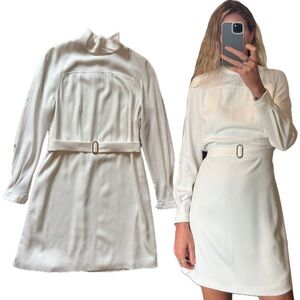 Judith and Charles White Long Sleeve Mock Neck Belted Bridal Holiday Mini Dress